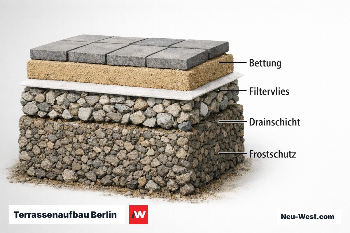 Terrassenaufbau Berlin: Schichtfolge mit 80 cm Frostschutz (VOB/C ATV DIN 18318) – Erklär-Grafik (NEUWEST Berlin)