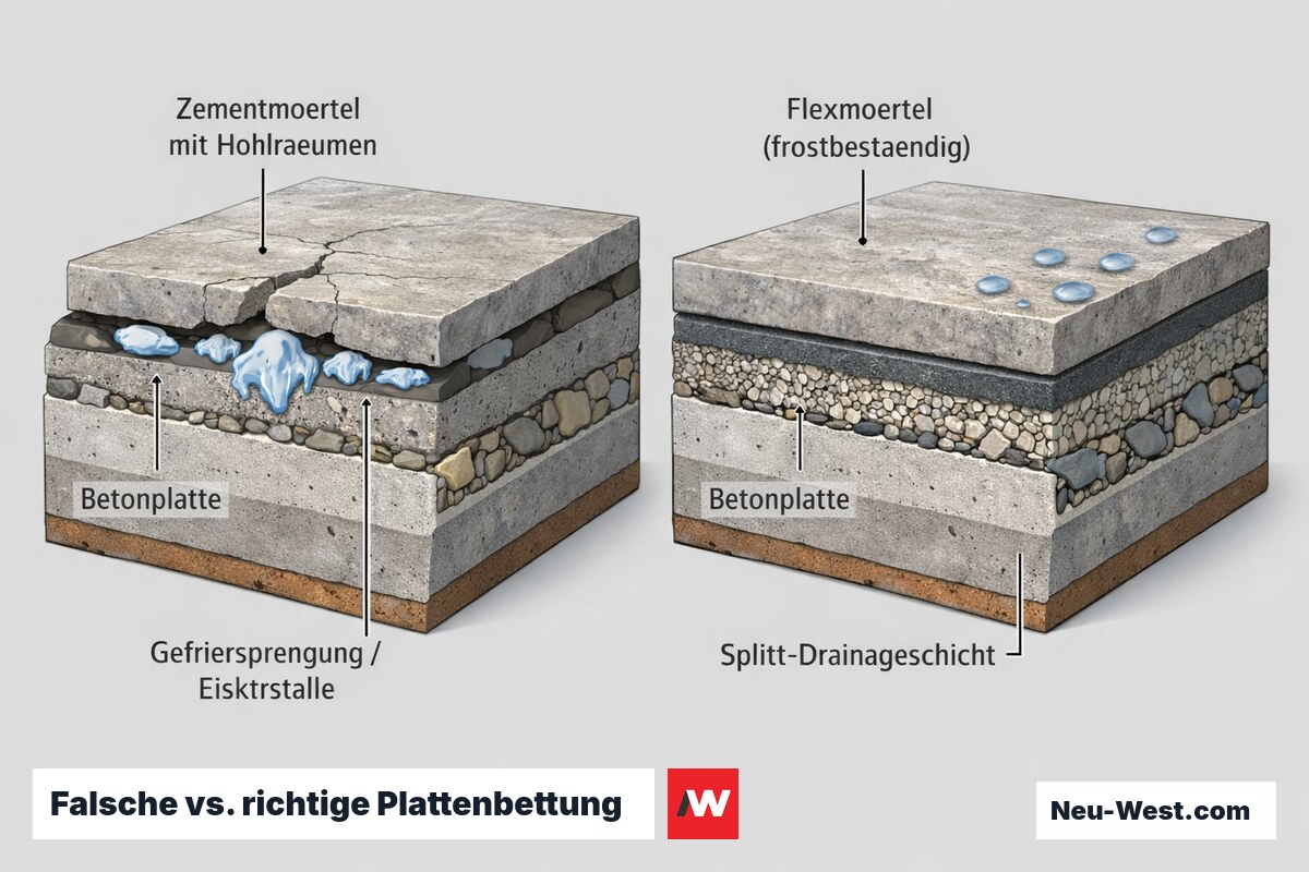 Querschnitt-Vergleich: Außenplatte auf Zementmörtel mit Hohlräumen und Frostschäden gegenüber frostbeständigem Flexmörtel auf Splittbett.