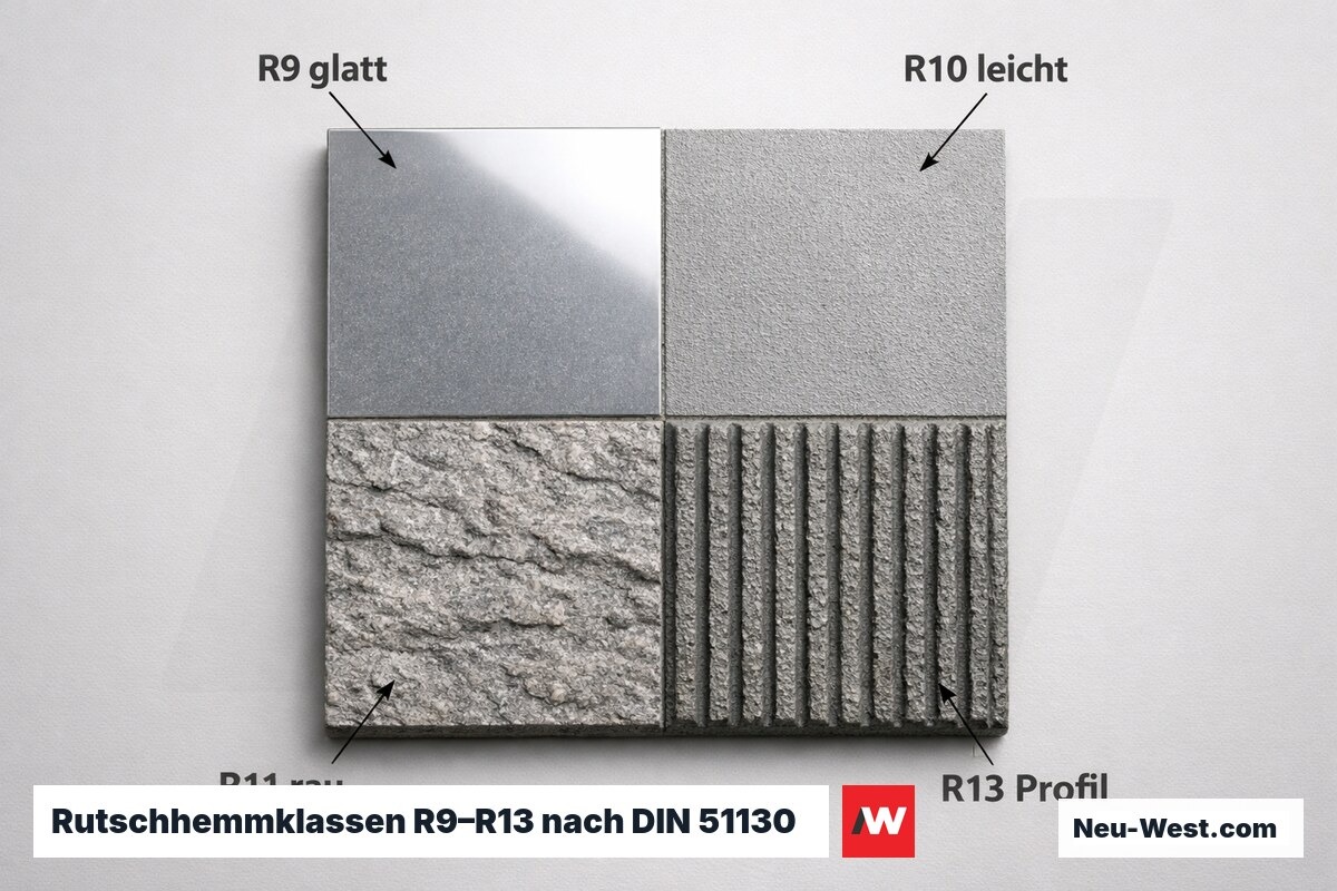Rutschhemmklassen R9–R13 nach DIN 51130: Oberflächenvergleich Terrassenbelag – Erklär-Grafik (NEUWEST Berlin)
