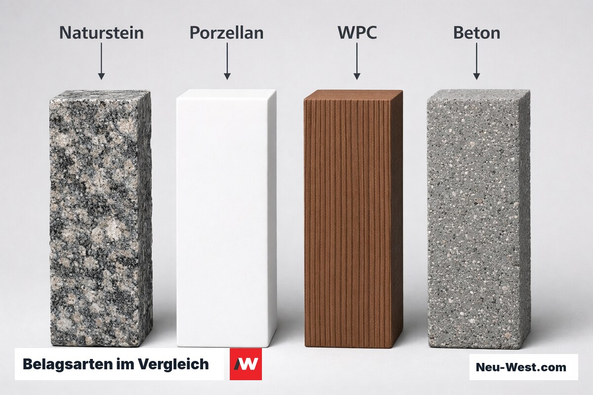 Belagsarten im Vergleich: Rohdichte, Frostbeständigkeit, Wartungsaufwand – Erklär-Grafik (NEUWEST Berlin)
