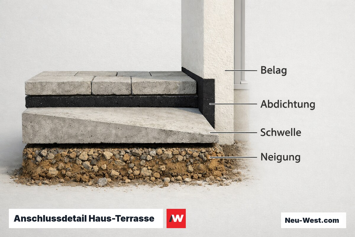 Anschlussdetail Haus-Terrasse: 15 cm Höhenversatz, Abdichtung, Gefälle (DIN 18533) – Erklär-Grafik (NEUWEST Berlin)