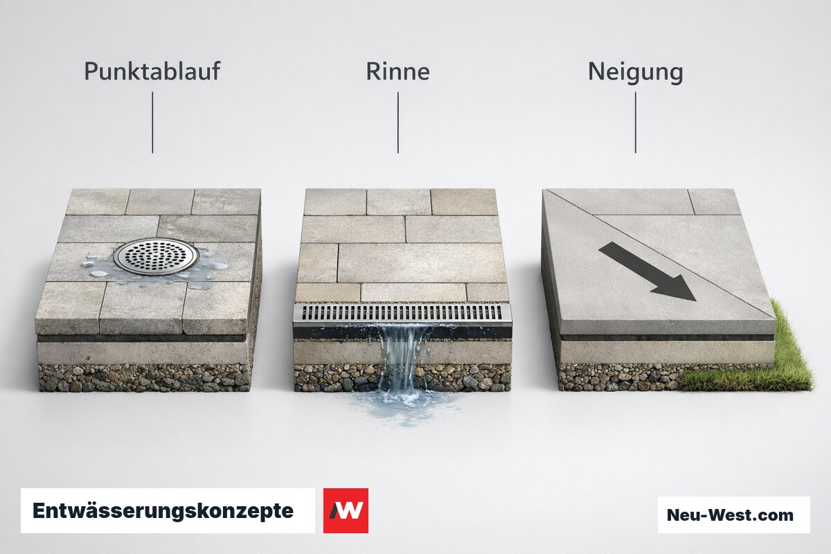 Entwässerungskonzepte: Punktablauf vs. Rinne vs. Flächengefälle bei Starkregen (DIN EN 752) – Erklär-Grafik (NEUWEST Berlin)
