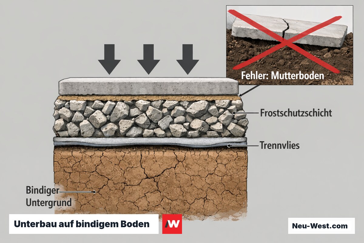 Querschnitt Terrassen-Unterbau auf bindigem Boden: Trennvlies und Frostschutzschicht richtig, Mutterboden-Planum als Setzungsfehler markiert.