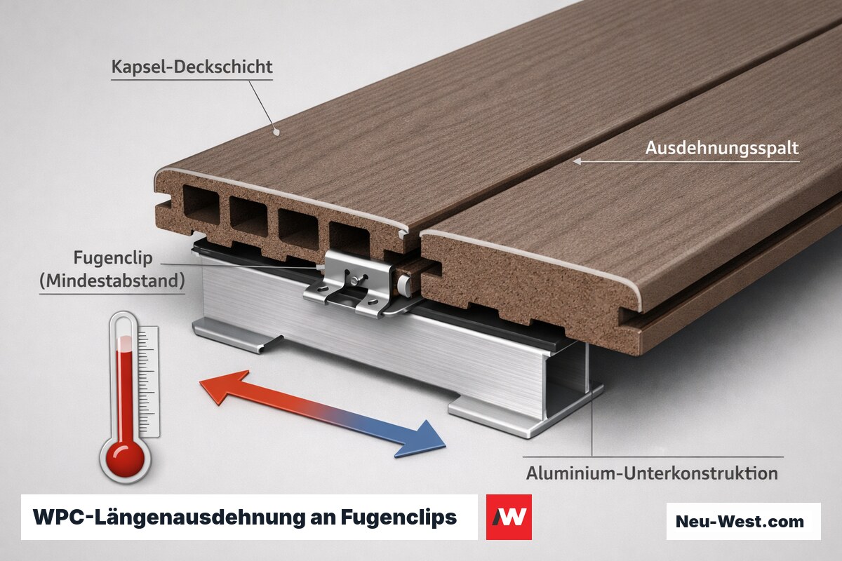 Querschnitt einer WPC-Diele auf Alu-Unterkonstruktion mit Fugenclips, Kapselschicht und Ausdehnungsspalt zur Darstellung der thermischen Längenausdehnung.