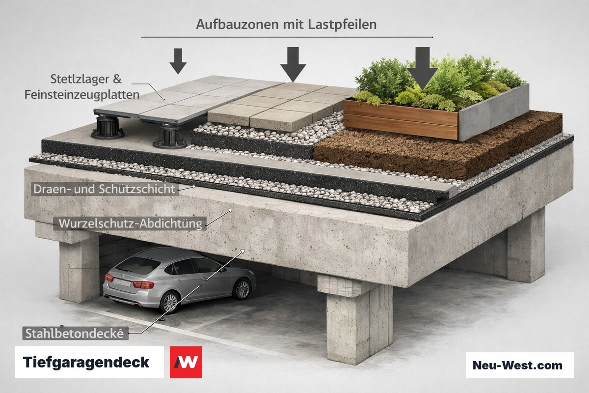 Querschnitt eines Tiefgaragendecks mit Stahlbetondecke, Wurzelschutz-Abdichtung, Dränschicht und drei Aufbauzonen mit unterschiedlichen Flächenlasten.