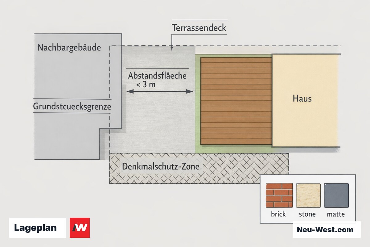 Lageplan von oben: Terrasse am Haus, gestrichelte Grundstücksgrenze, markierte Abstandsfläche unter 3 m zum Nachbarn und schraffierte Denkmalschutz-Zone.