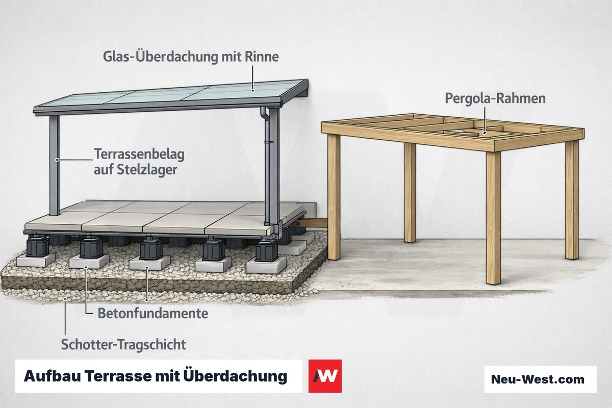 Querschnitt einer Terrasse mit Tragschicht, Stelzlager-Belag, Glas-Überdachung mit Regenrinne und offenem Pergola-Rahmen.