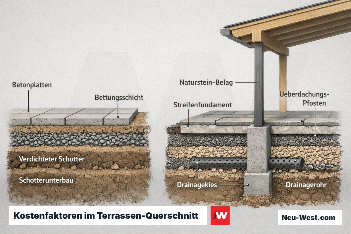 Querschnitt einer Terrasse mit einfachem und hochwertigem Aufbau, Fundament, Drainage und Überdachungs-Pfosten als Kostenfaktoren.