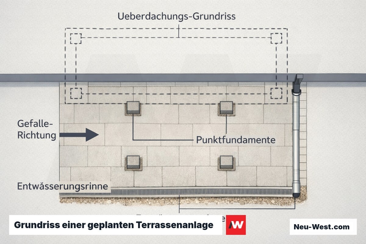Grundriss-Ansicht einer Terrasse mit Gefälle, Entwässerungsrinne, Punktfundamenten und Überdachungs-Umriss an der Hauswand.