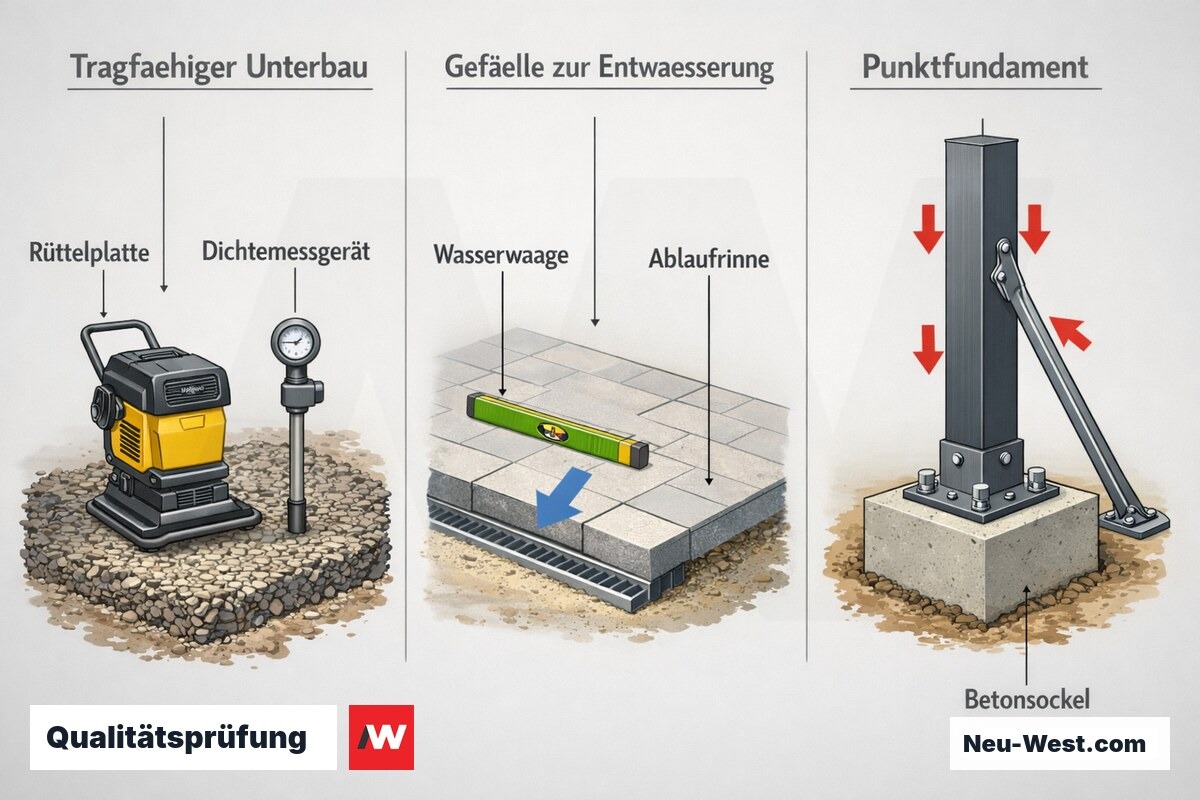 Erklaer-Illustration in drei Schritten: verdichteter Unterbau, Gefaelle zur Entwaesserung und statisch verankerter Ueberdachungs-Pfosten als Qualitaetsmerkmale einer Terrasse.