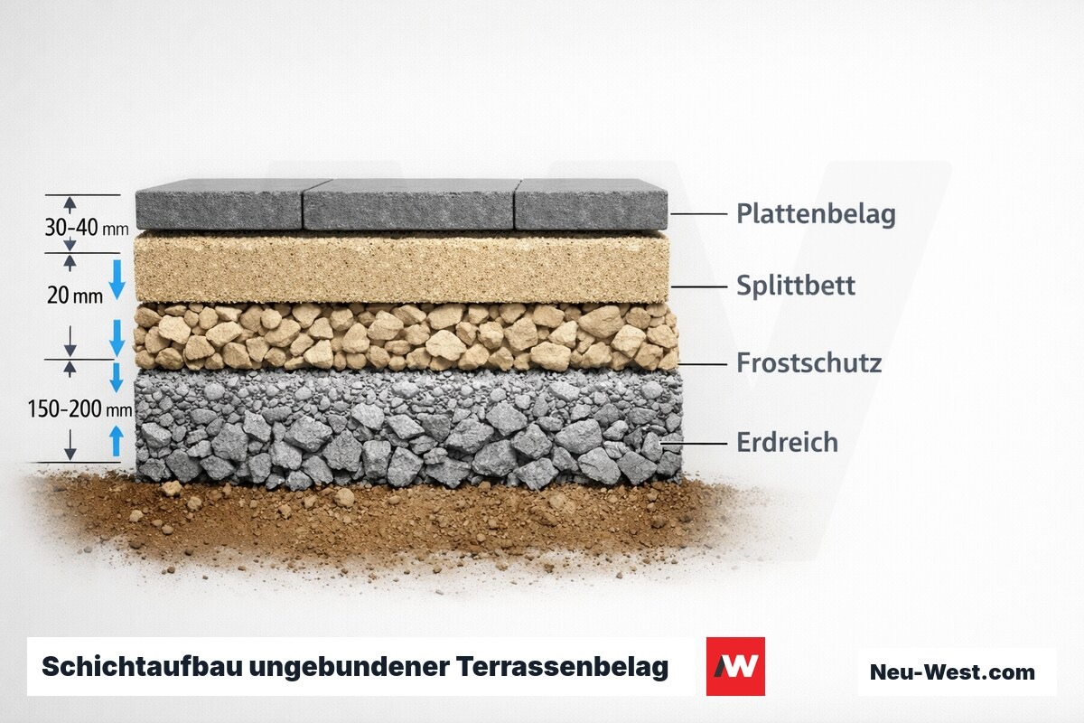Schichtaufbau ungebundener Terrassenbelag: Lagen und Entwässerungsweg – Erklär-Grafik (NEUWEST Berlin)