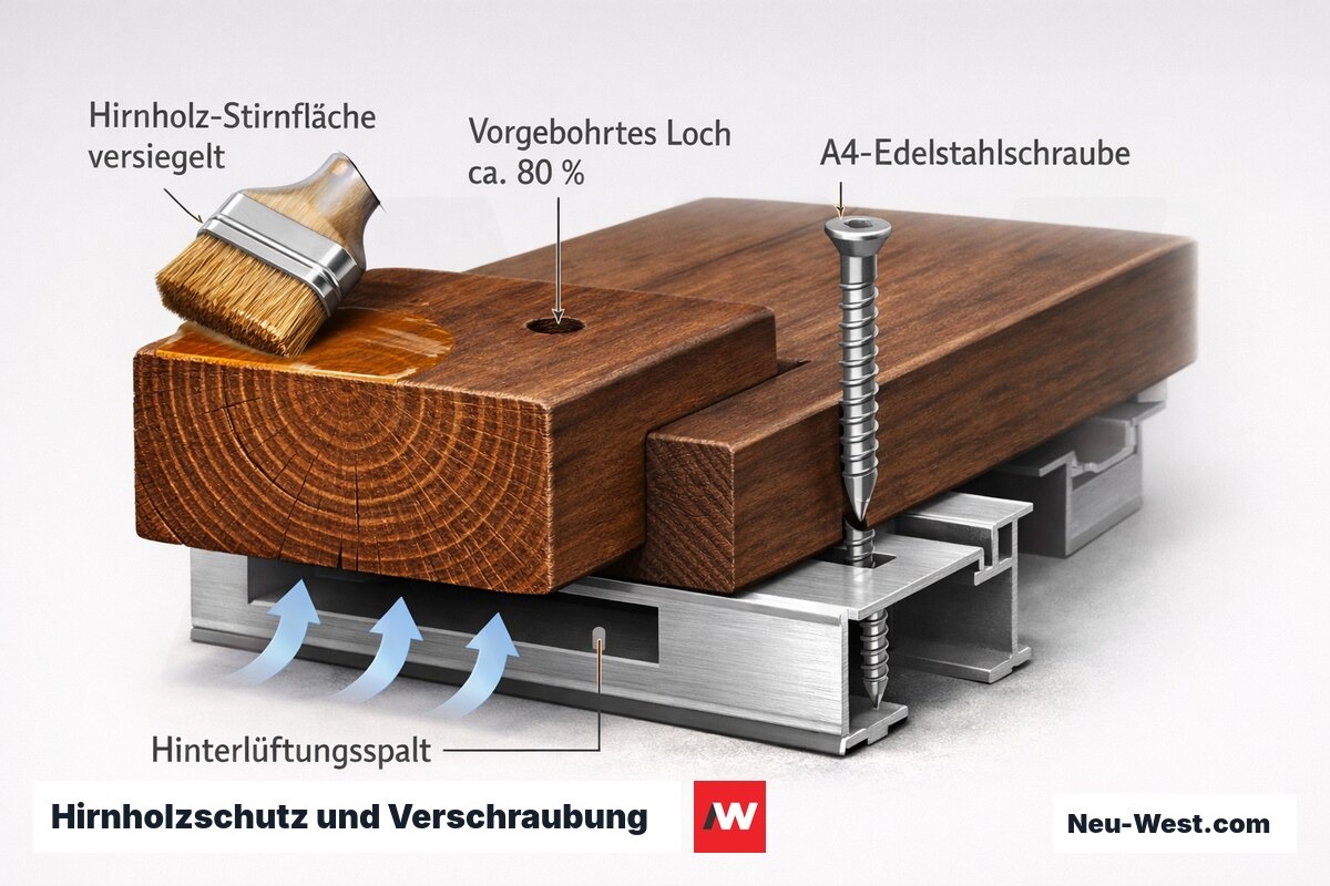 Querschnitt einer Hartholz-Terrassendiele: versiegelte Hirnholz-Stirnfläche, vorgebohrtes Loch, A4-Edelstahlschraube und Hinterlüftungsspalt zur Unterkonstruktion.