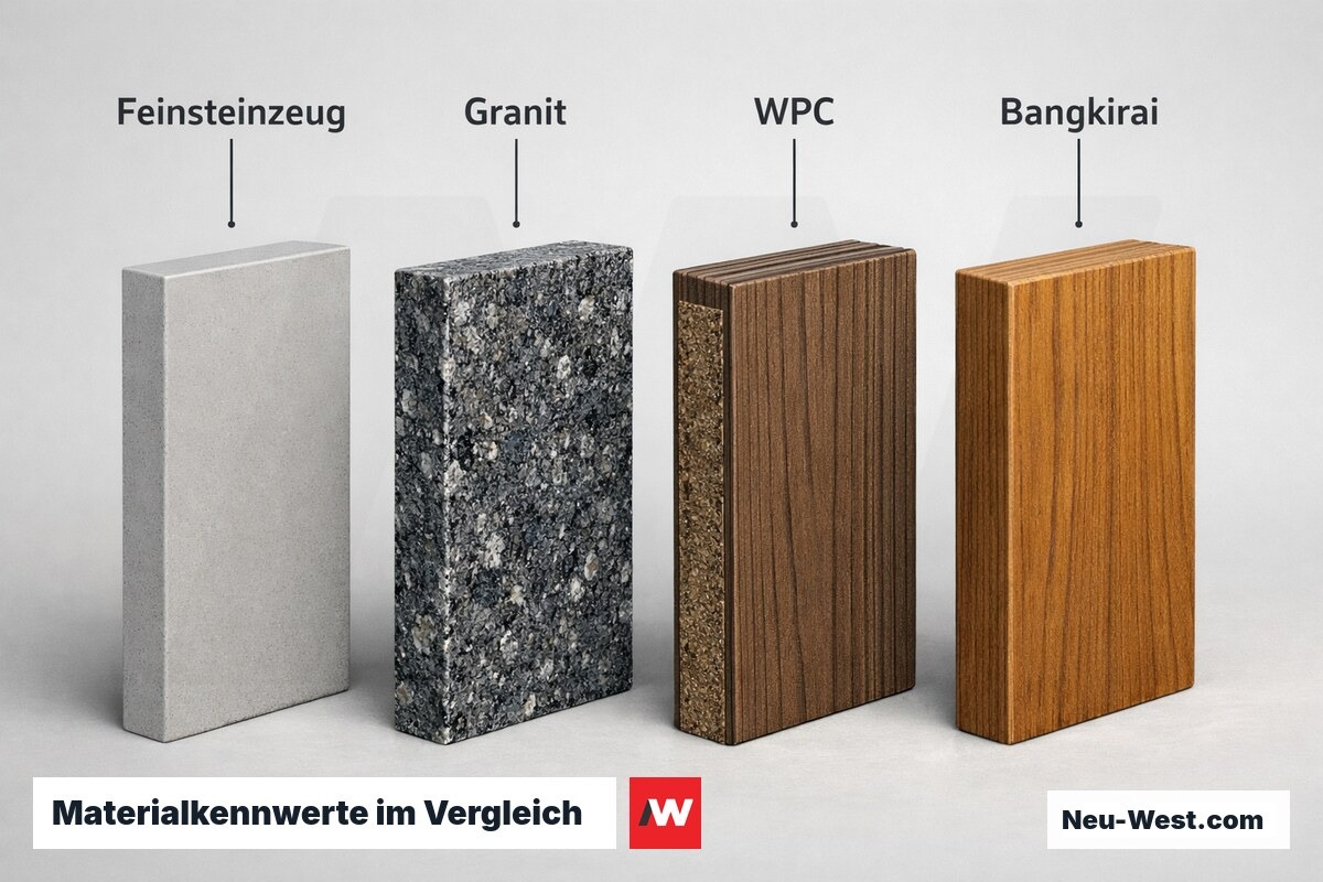Materialkennwerte im Vergleich: Feinsteinzeug / Granit / WPC / Bangkirai – Erklär-Grafik (NEUWEST Berlin)