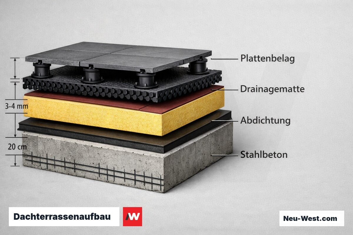 Dachterrassenaufbau: Normgerechte Schichtfolge mit Schichtstärken – Erklär-Grafik (NEUWEST Berlin)