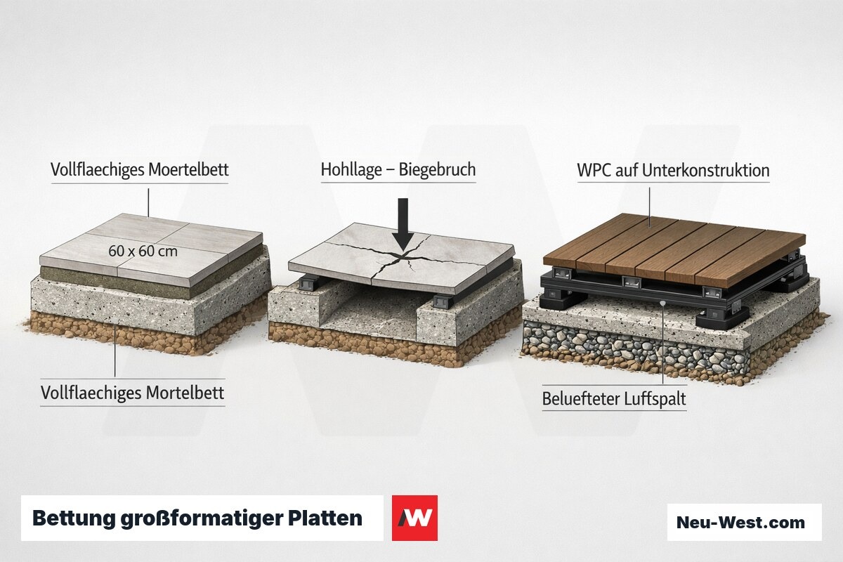 Querschnittsvergleich: vollflächiges Mörtelbett unter Großformatplatte, Biegebruch bei Hohllage und belüftete WPC-Unterkonstruktion ohne Erdkontakt.