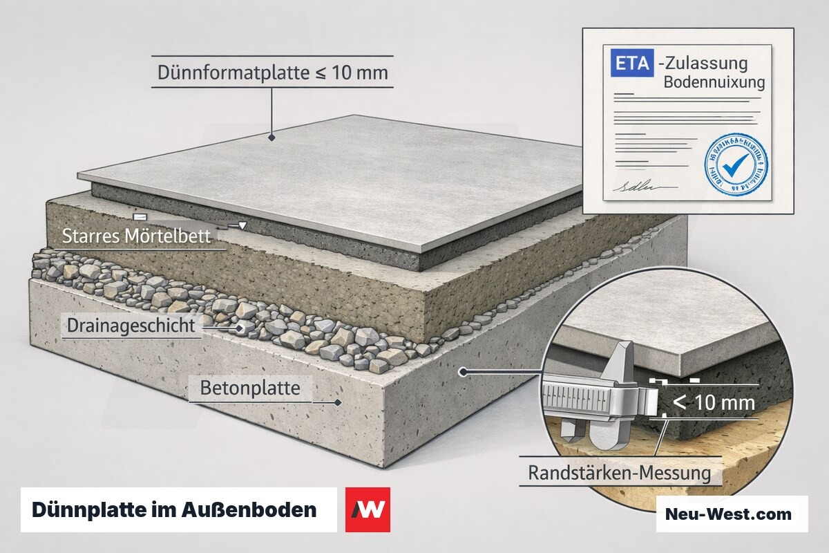 Querschnitt einer 8–10 mm dünnen Feinsteinzeugplatte auf starrem Mörtelbett im Außenboden mit Hinweis auf erforderliche ETA-Zulassung für Bodennutzung.