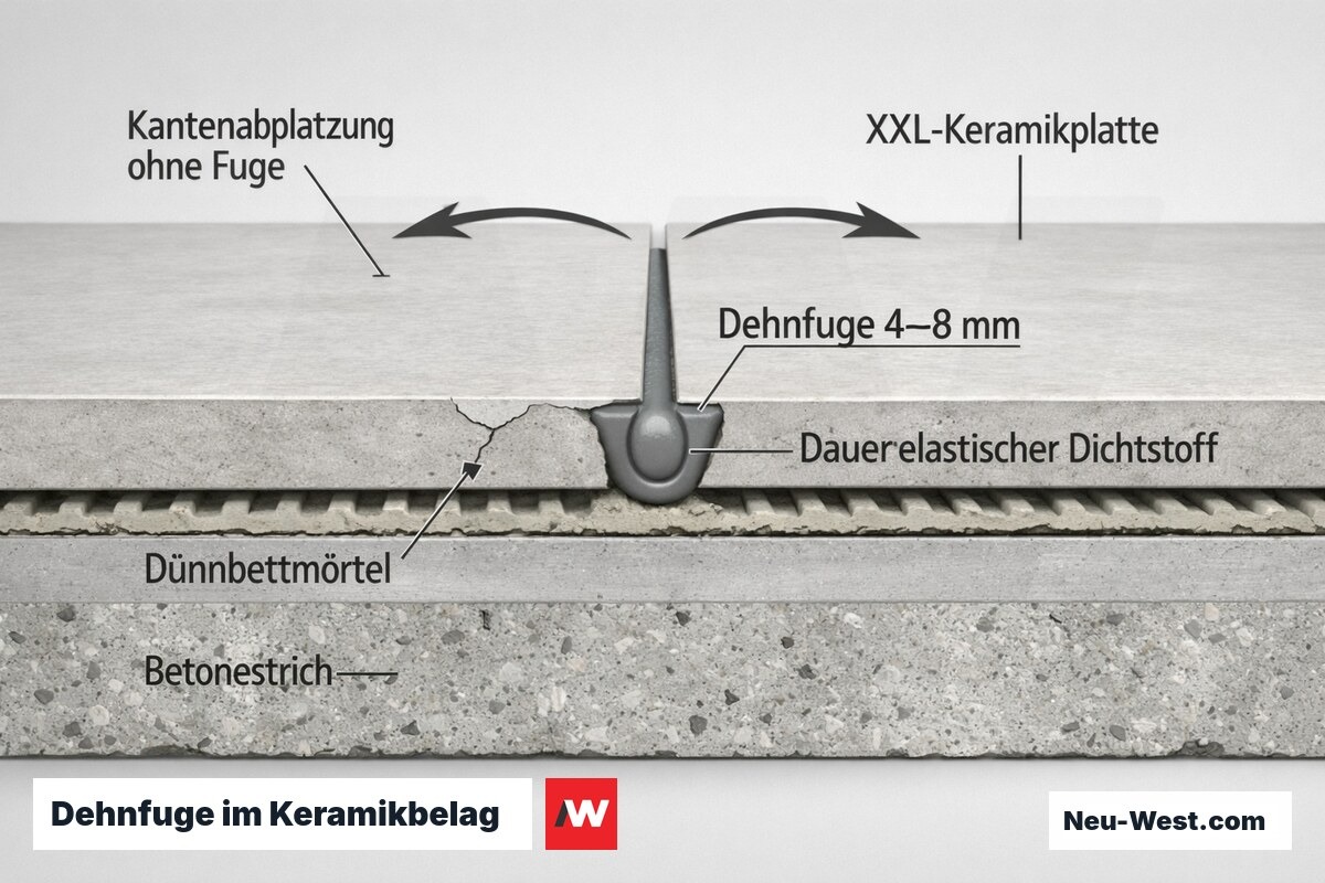 Querschnitt einer Terrasse: zwei XXL-Keramikplatten mit dauerelastisch gefüllter Dehnfuge über Mörtelbett, daneben Kantenabplatzung durch fehlende Fuge.