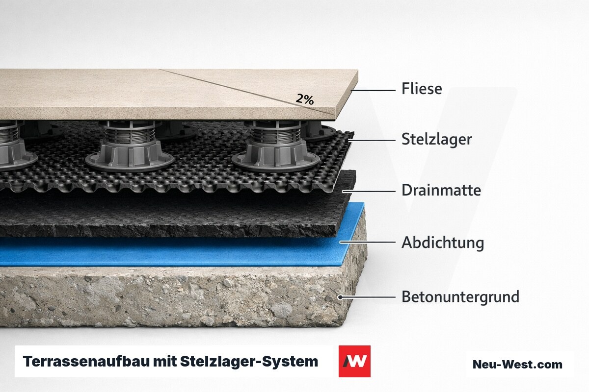 Terrassenaufbau mit Stelzlager-System: Schichtaufbau im Querschnitt – Erklär-Grafik (NEUWEST Berlin)