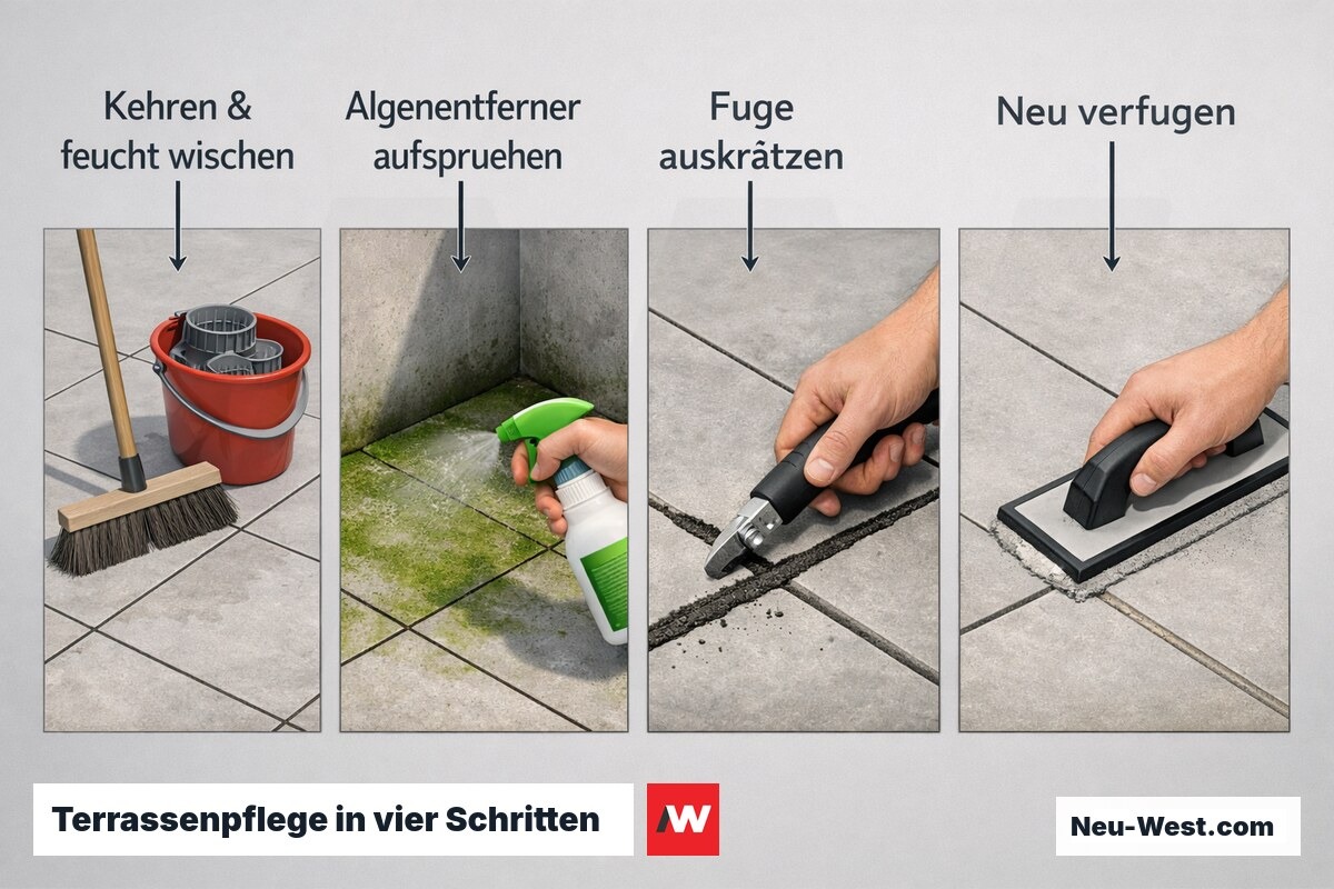 Erklär-Grafik: vier Schritte der Terrassenpflege – Kehren und Wischen, Algenentferner aufsprühen, Fuge auskratzen und neu verfugen.