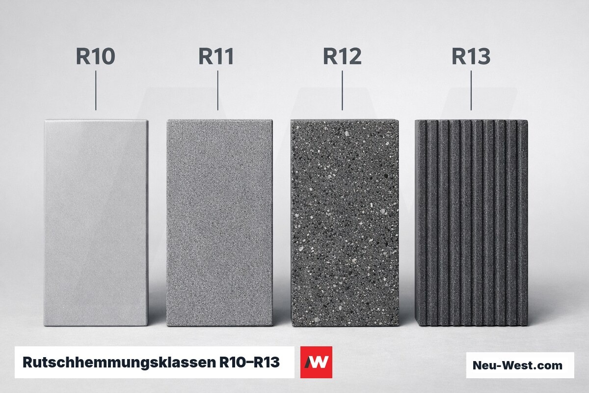 Rutschhemmungsklassen R10–R13 für Terrassenfliesen nach DGUV 207-006 – Erklär-Grafik (NEUWEST Berlin)