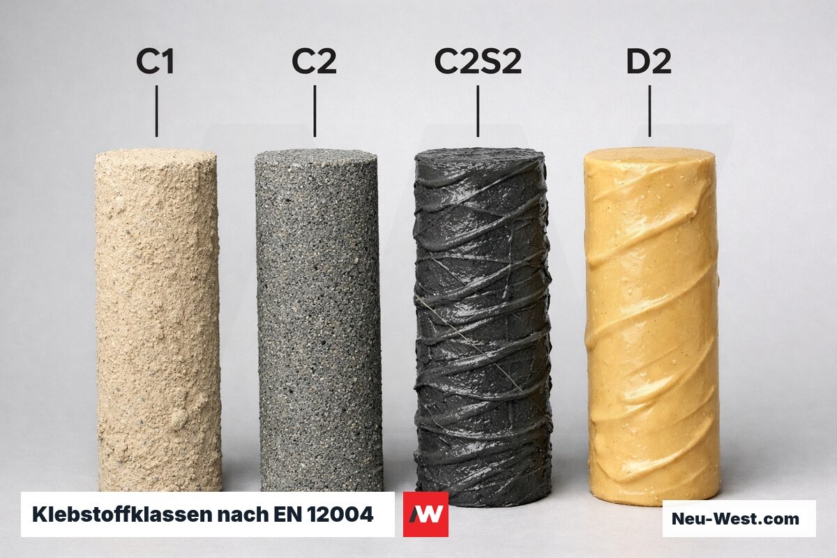 Klebstoffklassen nach EN 12004: Anforderungsmatrix für Terrassenbeläge im Außenbereich – Erklär-Grafik (NEUWEST Berlin)