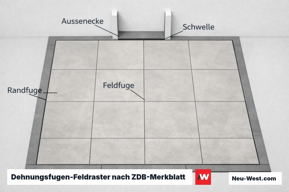 Dehnungsfugen-Feldraster nach ZDB-Merkblatt: Pflichtpositionen und Maximalfeldgröße – Erklär-Grafik (NEUWEST Berlin)
