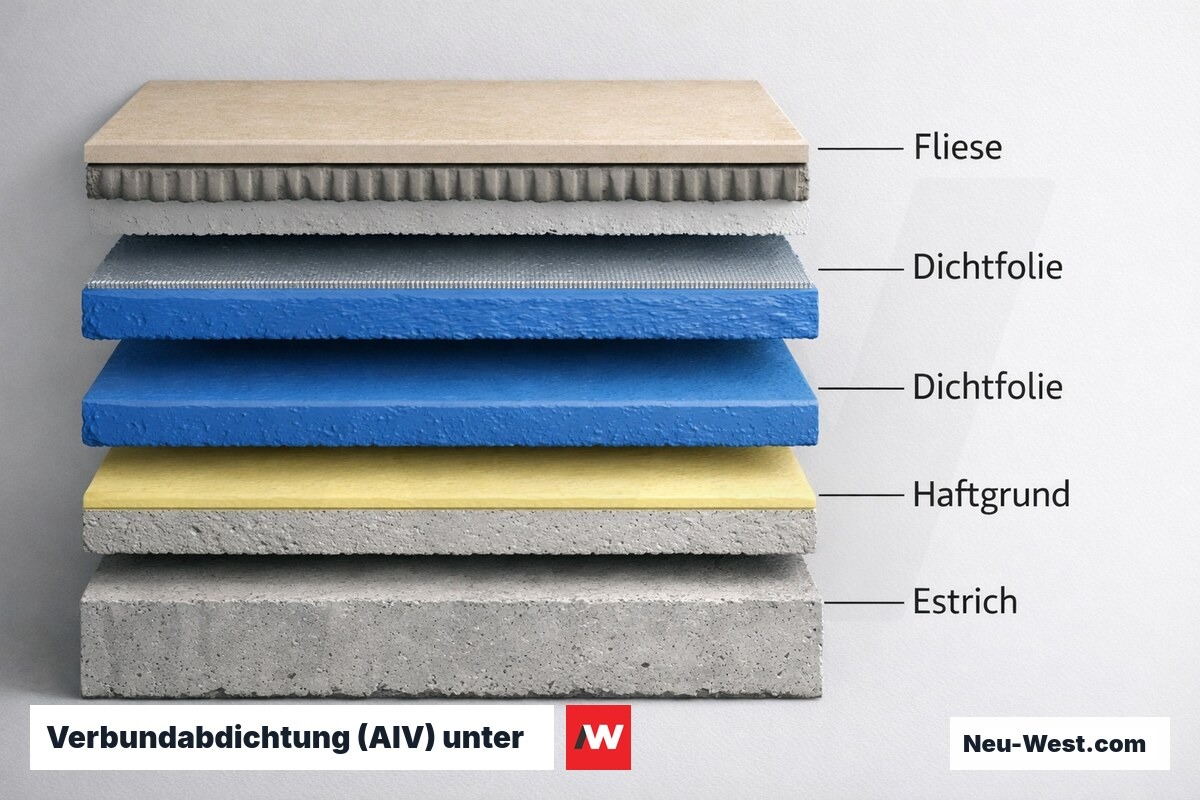 Verbundabdichtung (AIV) unter Terrassenfliesen: Schichtreihenfolge und kritische Fehlerquellen – Erklär-Grafik (NEUWEST Berlin)