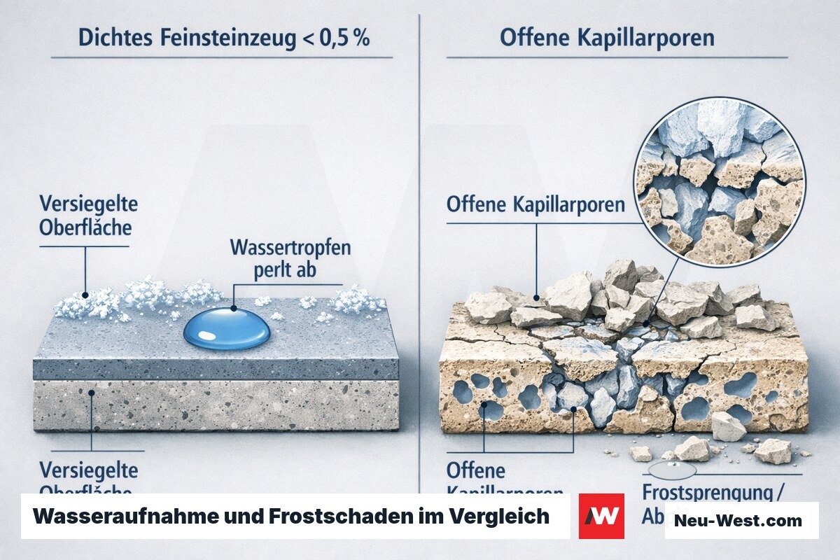 Vergleichsdiagramm: dichtes Feinsteinzeug unter 0,5 Prozent Wasseraufnahme bleibt frostfest, poroeser Kalkstein saugt Wasser und platzt durch Frostsprengung ab.