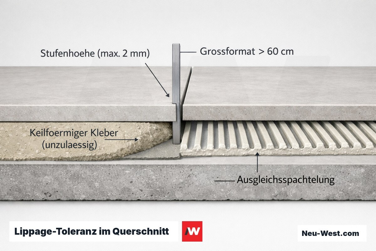 Querschnitt zweier Großformatfliesen mit gemessener Stufenhöhe am Fugenrand, Ausgleichsspachtelung und unzulässigem keilförmigem Kleberauftrag.