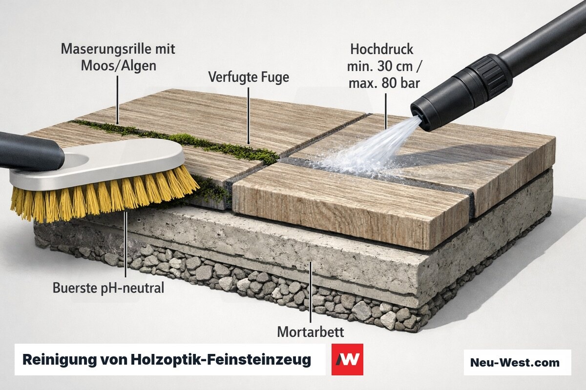 Querschnitt einer Holzoptik-Feinsteinzeugfliese: Moos in Maserungsrillen, verfugte Fuge, Buerste und Hochdruckreiniger mit Abstand 30 cm und 80 bar.
