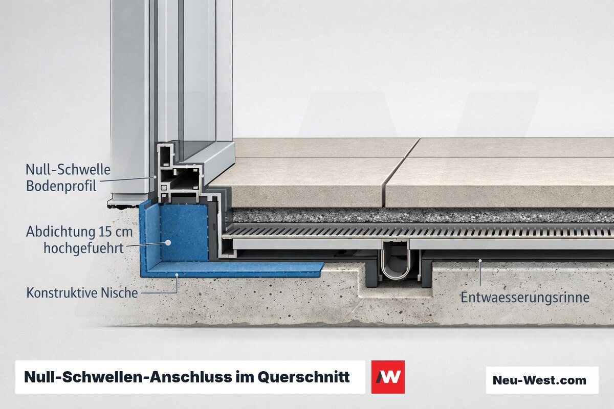 Querschnitt eines barrierefreien Null-Schwellen-Türanschlusses mit hochgeführter Abdichtung, konstruktiver Nische, Bodenprofil und Entwässerungsrinne nach DIN 18531.