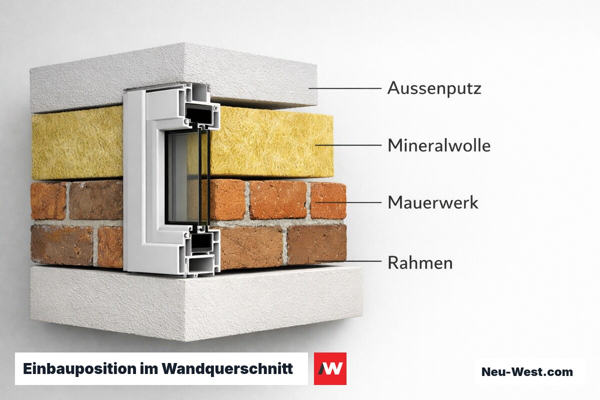 Einbauposition im Wandquerschnitt — Außen-, Mittel- und Inneneinbau im Vergleich – Erklär-Grafik (NEUWEST Berlin)