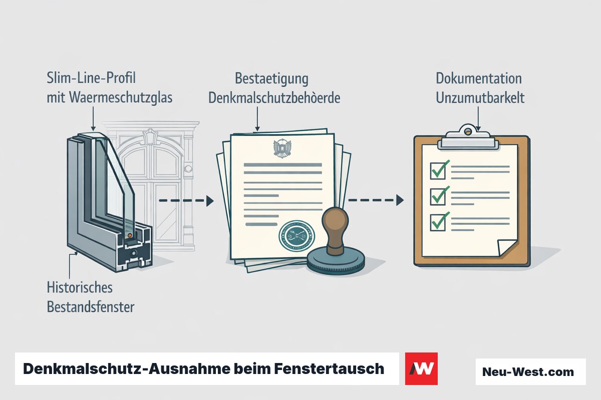 Erklär-Grafik zur GEG-Denkmalschutz-Ausnahme: Slim-Line-Fensterprofil mit Wärmeschutzglas, historisches Bestandsfenster, behördliche Bestätigung und Dokumentation der Unzumutbarkeit.