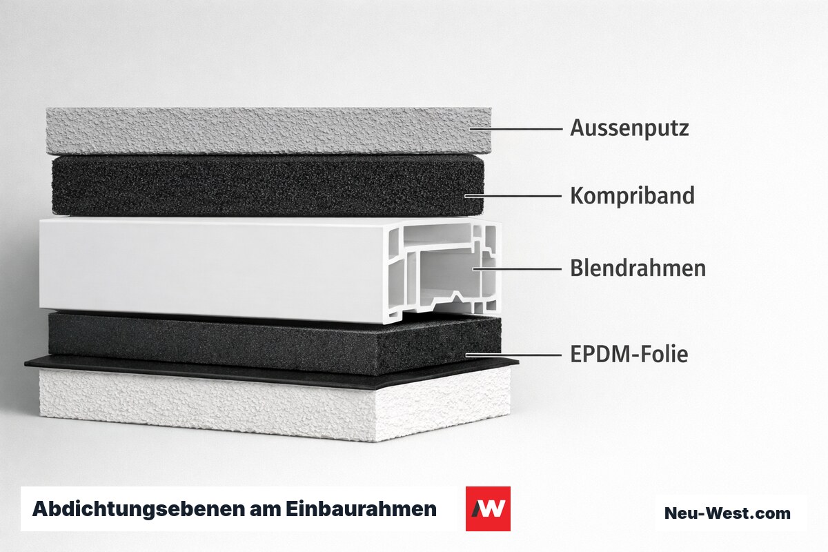 Abdichtungsebenen am Einbaurahmen: innen luftdicht, außen schlagregensicher – Erklär-Grafik (NEUWEST Berlin)