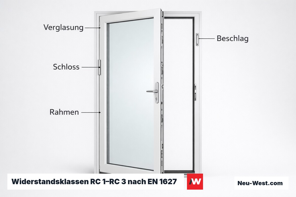 Widerstandsklassen RC 1–RC 3 nach EN 1627: Sicherheitsmerkmale im Überblick – Erklär-Grafik (NEUWEST Berlin)