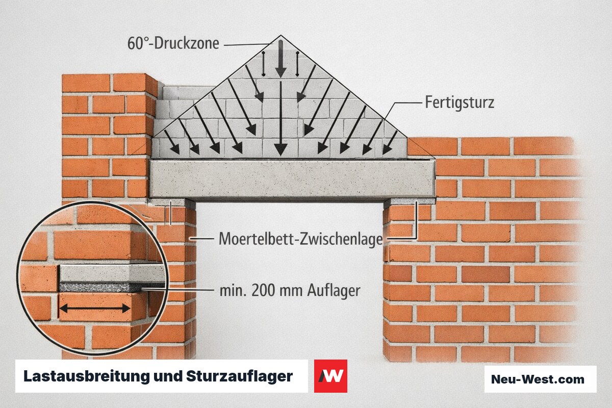 Wandquerschnitt: 60°-Druckzone im Mauerwerk über Sturz, fehlende Entlastung an der Gebäudeecke, Sturzauflager auf Mörtelbett mit 200 mm.