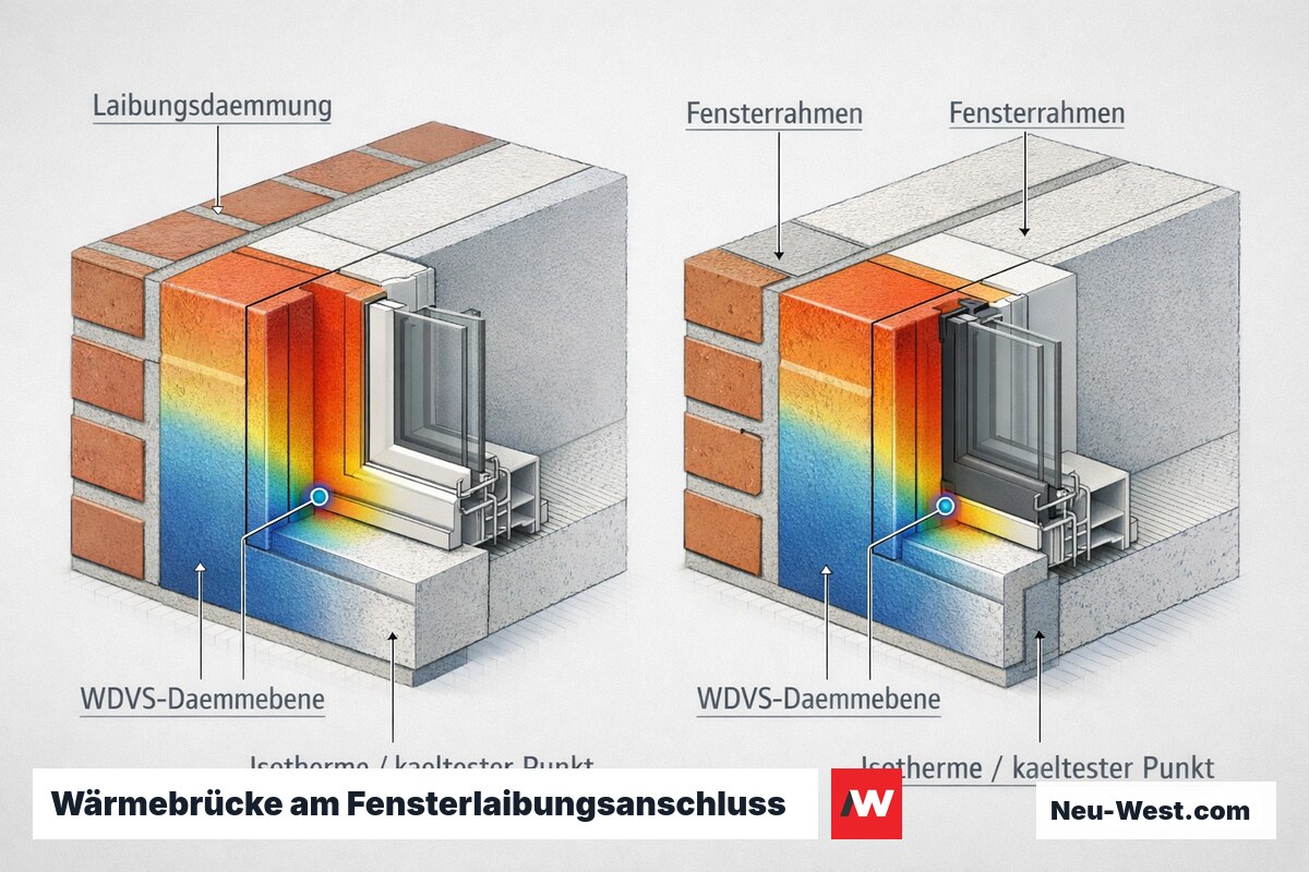 Isometrischer Querschnitt eines Fensterlaibungsanschlusses mit Isothermen, kältestem Punkt am Inneneck und Vergleich der Rahmen-Einbauposition in der Dämmebene.