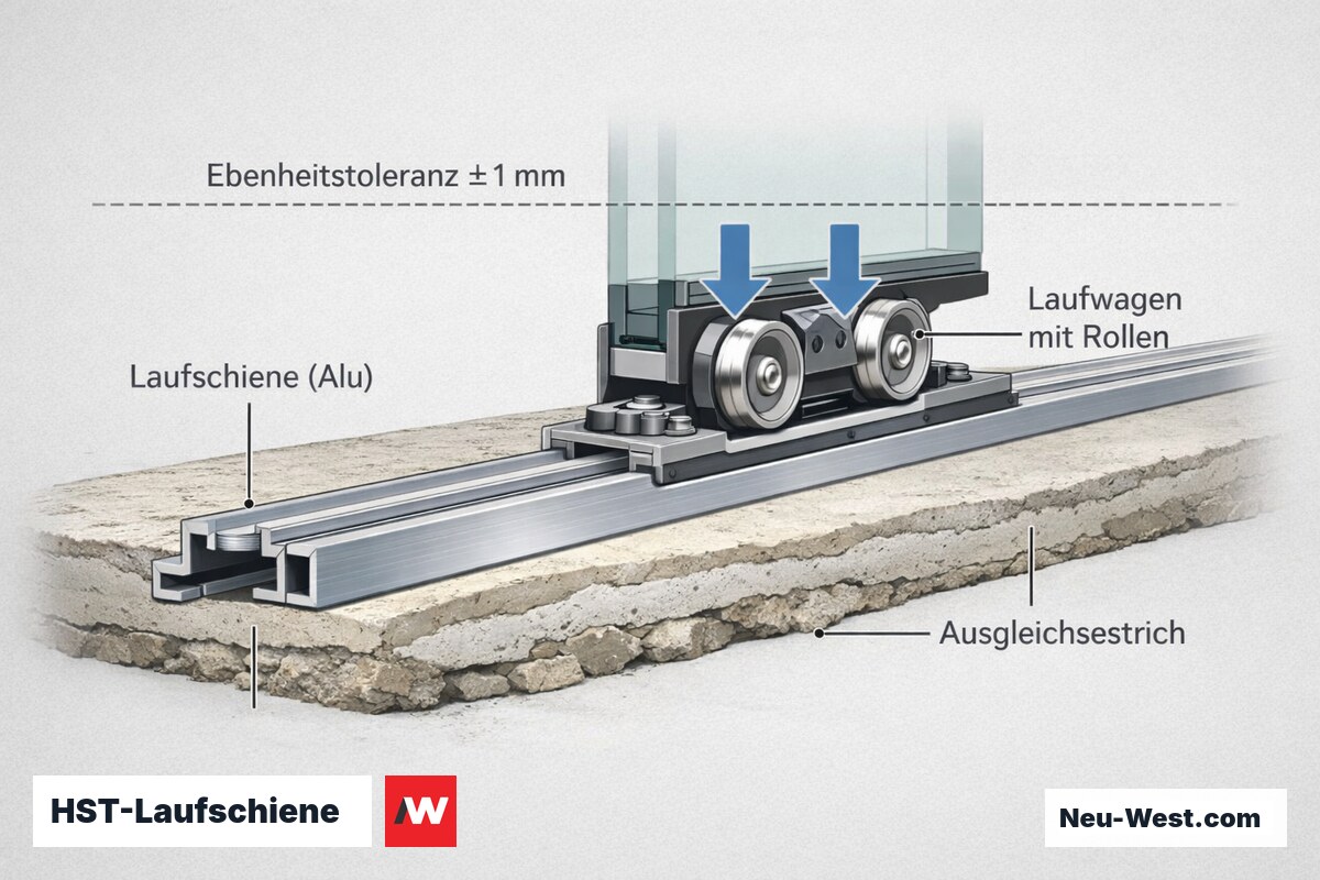 Querschnitt einer HST-Laufschiene auf unebenem Untergrund mit Ausgleichsestrich, Laufwagen mit schwerem Flügel und Ebenheitstoleranz ±1 mm.