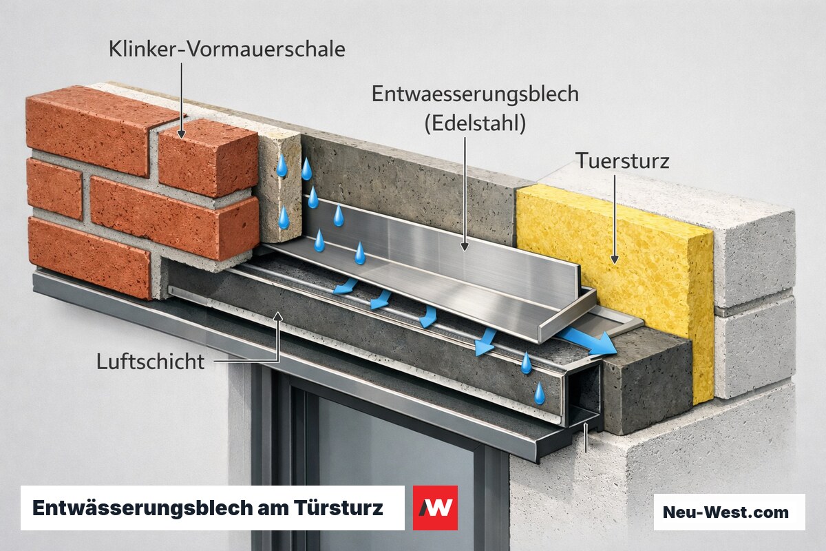Querschnitt einer zweischaligen Klinkerfassade am Türsturz mit Edelstahl-Entwässerungsblech, das Kondensat aus der Luftschicht vor den Türrahmen ableitet.