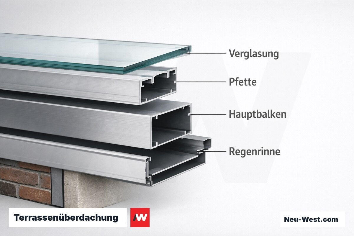 Terrassenüberdachung: Dachaufbau im Querschnitt – Erklär-Grafik (NEUWEST Berlin)