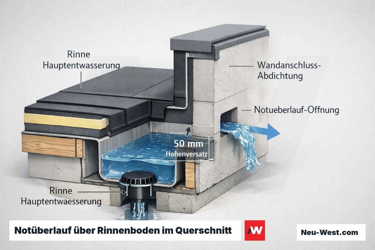 Querschnitt einer Flachdach-Attika mit Entwässerungsrinne und separatem Notüberlauf, dessen Unterkante 50 mm über dem Rinnenboden liegt.