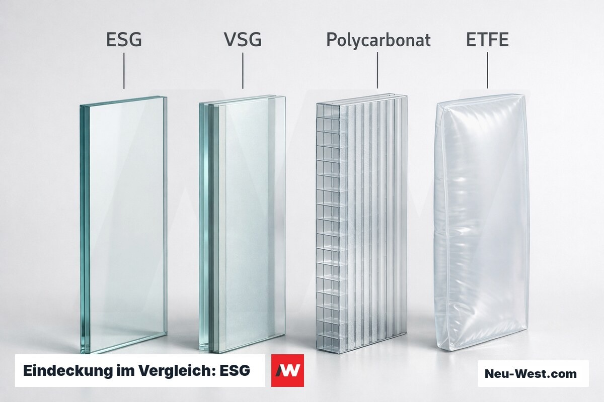 Eindeckung im Vergleich: ESG – VSG – Polycarbonat – ETFE – Erklär-Grafik (NEUWEST Berlin)