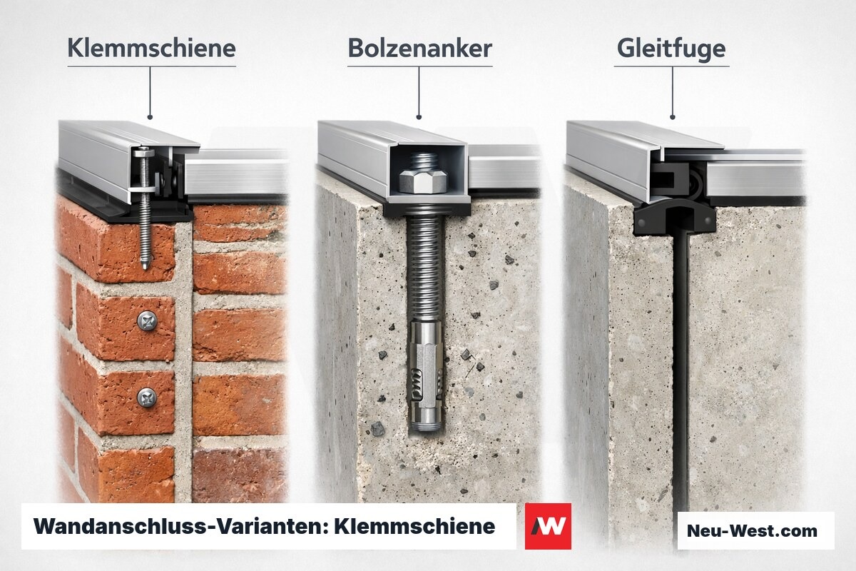 Wandanschluss-Varianten: Klemmschiene – Bolzenanker – Gleitfuge – Erklär-Grafik (NEUWEST Berlin)