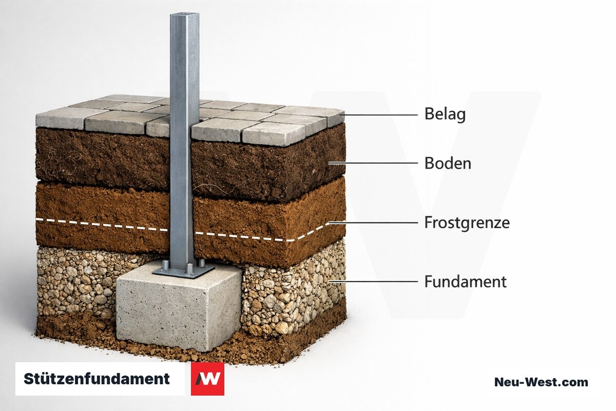 Stützenfundament: Bodenprofil und Frostfreitiefe Berlin – Erklär-Grafik (NEUWEST Berlin)