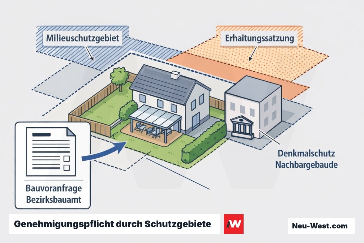 Erklär-Illustration: Grundstück mit Terrassenüberdachung, überlagert von Milieuschutz-, Erhaltungssatzungs- und Denkmalschutzzonen sowie Bauvoranfrage beim Bezirksbauamt.