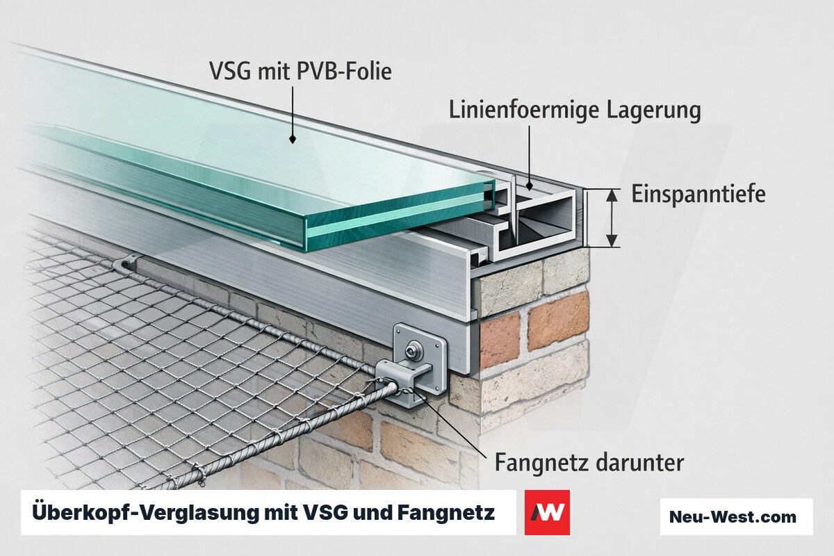 Querschnitt einer Überkopf-Verglasung: VSG-Scheibe mit PVB-Folie in linienförmiger Lagerung, darunter gespanntes Fangnetz als Alternative nach TRLV.