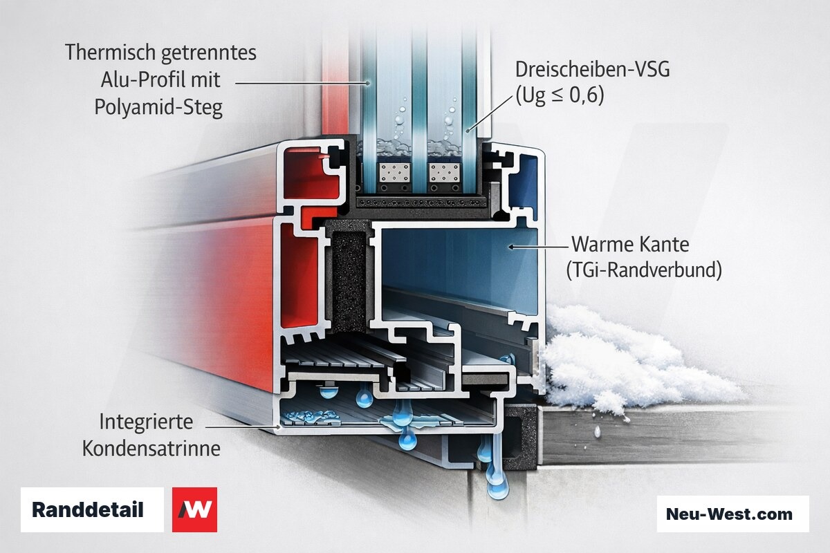 Querschnitt durch Terrassendach-Randprofil mit thermischer Trennung, Kondensatrinne, Dreischeiben-VSG und warmer Kante zur Kondenswasservermeidung.