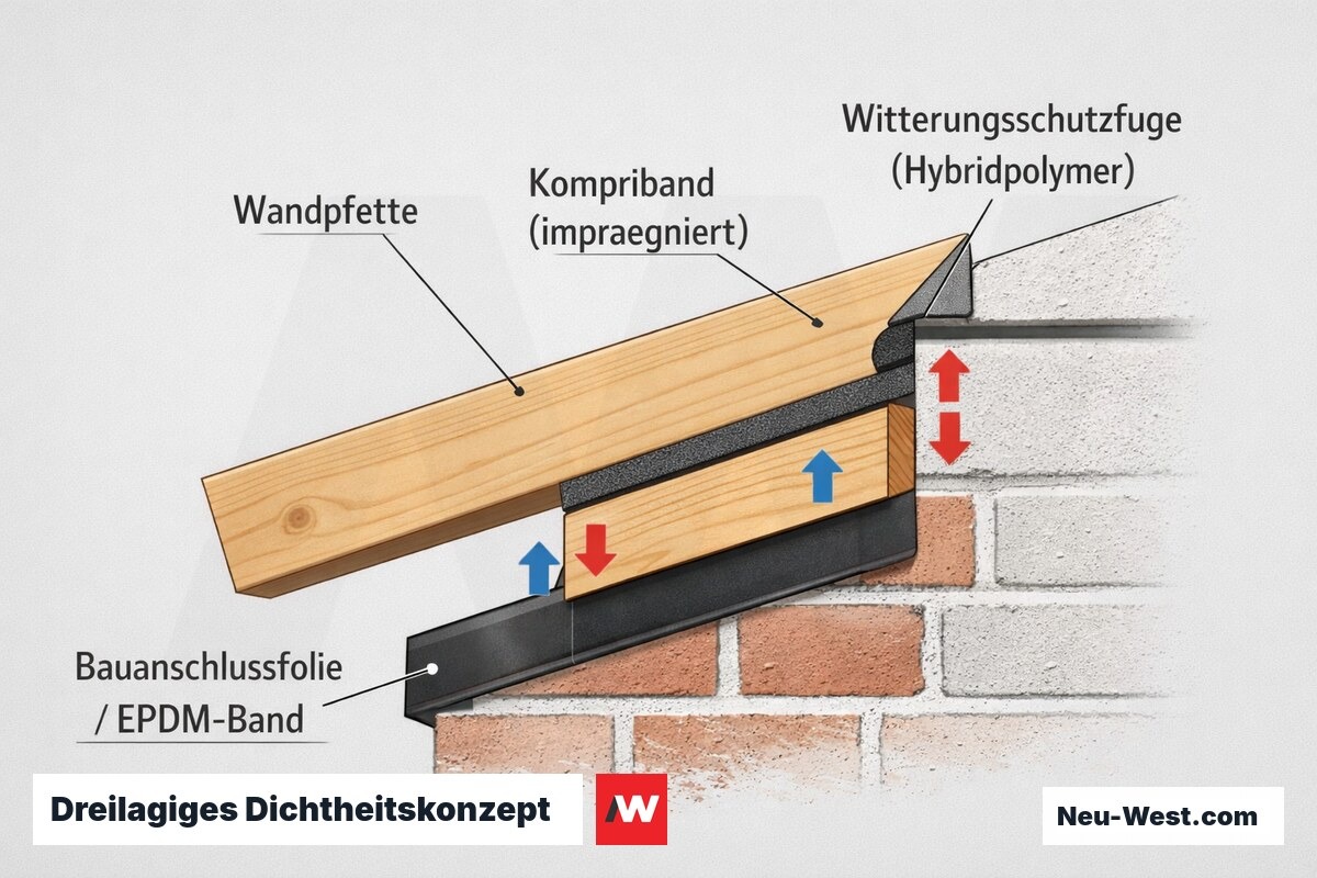 Bauteil-Querschnitt des Wandanschlusses an Bestandsmauerwerk mit dreilagigem Dichtheitskonzept: EPDM-Anschlussebene, Kompriband unter der Wandpfette und aussenseitiger Witterungsschutzfuge.