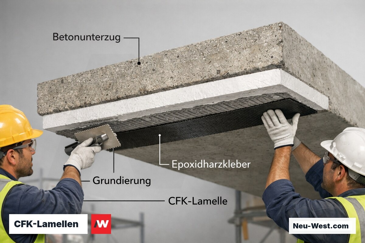 Arbeiter kleben CFK-Lamellen mit Epoxidharz an die Zugzone eines Betonunterzugs – schichtweise Darstellung der Materiallagen.