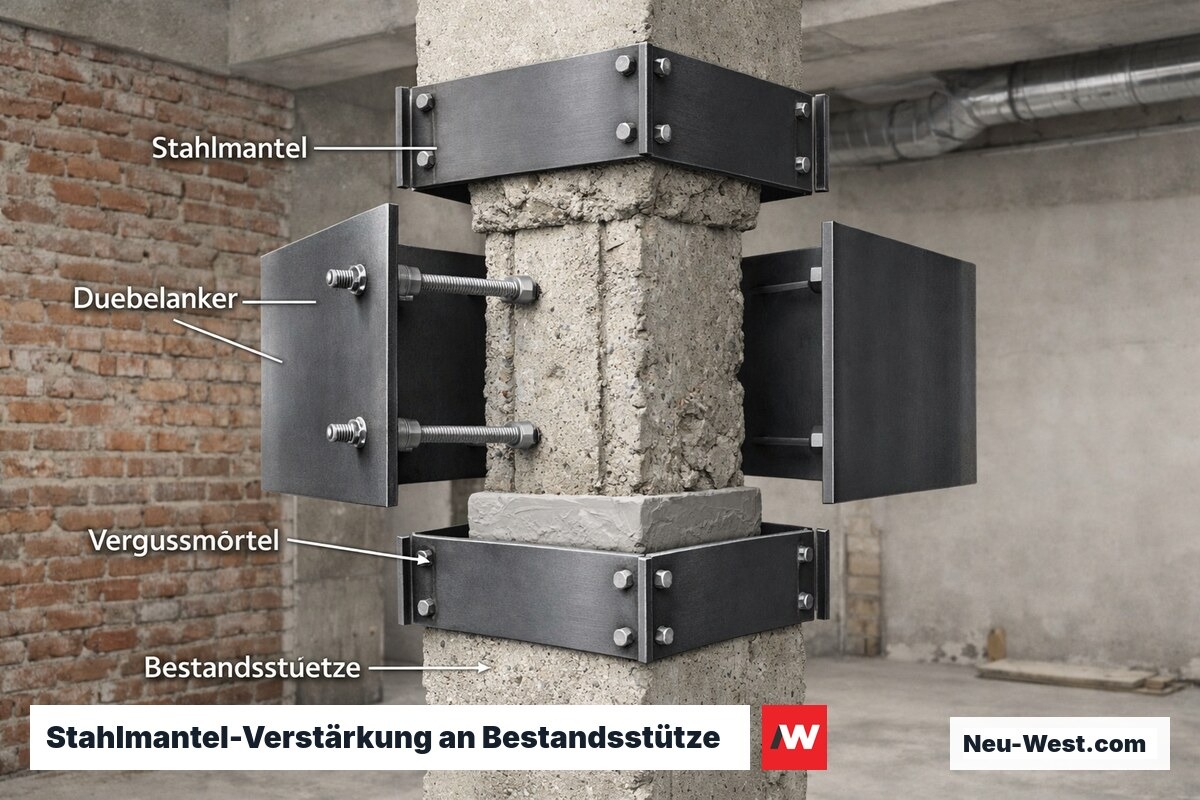 Explosionsartige Schnittdarstellung einer Stahlmantel-Ertüchtigung: Stahlplatten, Dübelanker und Vergussmörtel um Betonbestandsstütze.